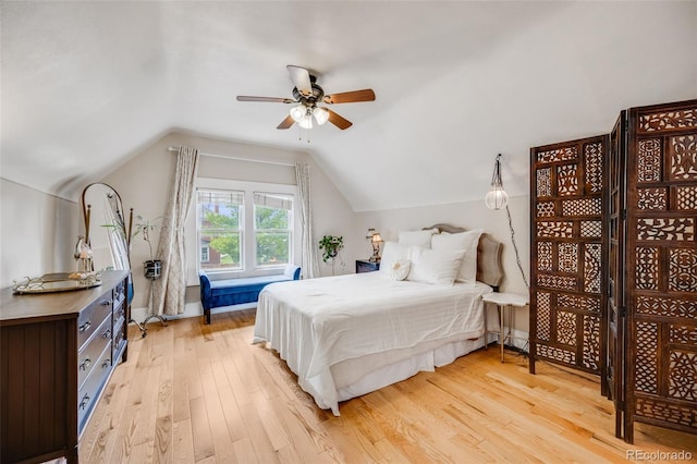 3106 N Franklin St, Denver, CO 80205 - bedroom featuring light wood-type flooring, vaulted ceiling, and a ceiling fan