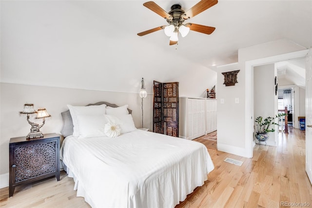 3106 N Franklin St, Denver, CO 80205 - bedroom featuring vaulted ceiling, light wood finished floors, and ceiling fan