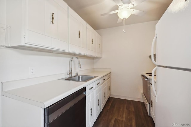 kitchen featuring white cabinetry, sink, black dishwasher, dark hardwood / wood-style flooring, and white fridge