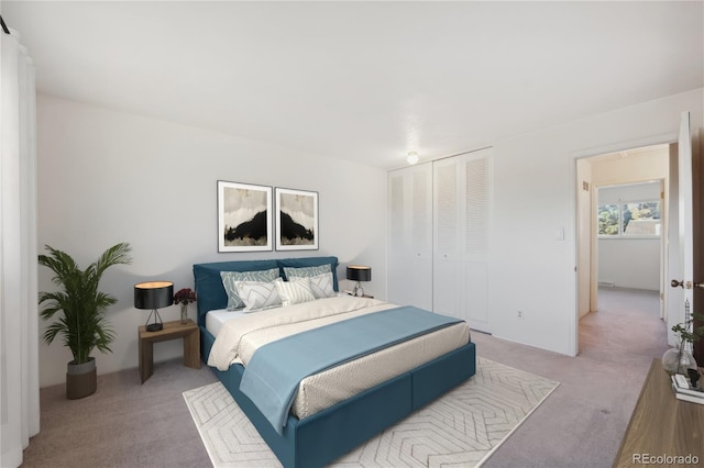 carpeted bedroom with a closet