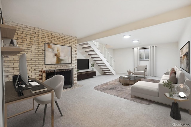 living room featuring light colored carpet and a fireplace