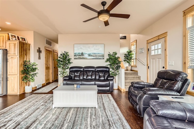 72 Hilltop Dr, Bailey, CO 80421 - living area with dark wood finished floors, a ceiling fan, stairs, and recessed lighting