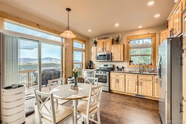 72 Hilltop Dr, Bailey, CO 80421 - kitchen featuring stainless steel appliances, light brown cabinetry, recessed lighting, dark wood finished floors, and decorative light fixtures