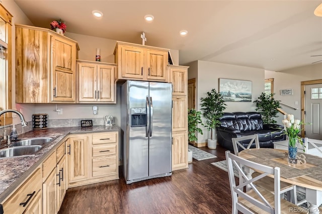 72 Hilltop Dr, Bailey, CO 80421 - kitchen with stainless steel fridge with ice dispenser, light brown cabinets, dark wood finished floors, dark countertops, and recessed lighting