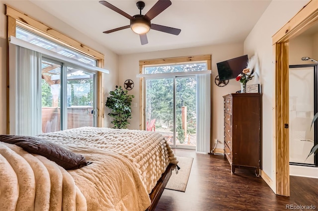 72 Hilltop Dr, Bailey, CO 80421 - bedroom featuring multiple windows, access to exterior, dark wood finished floors, and a ceiling fan