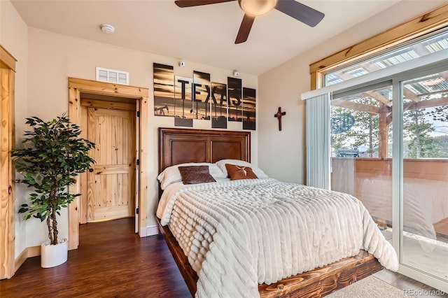 72 Hilltop Dr, Bailey, CO 80421 - bedroom with access to outside, dark wood-style floors, and ceiling fan