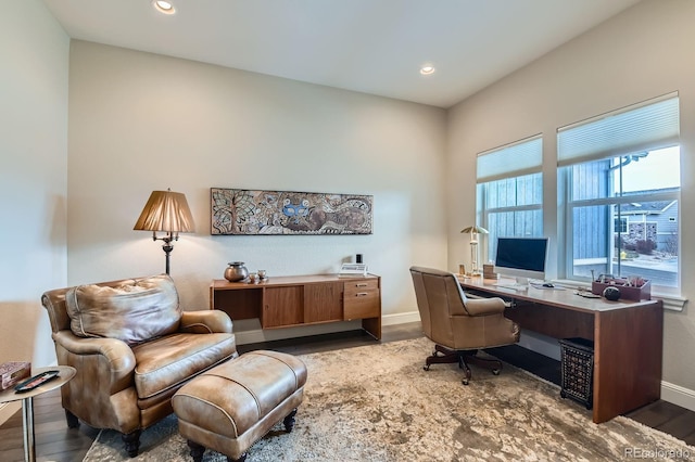 office area with recessed lighting, baseboards, and wood finished floors