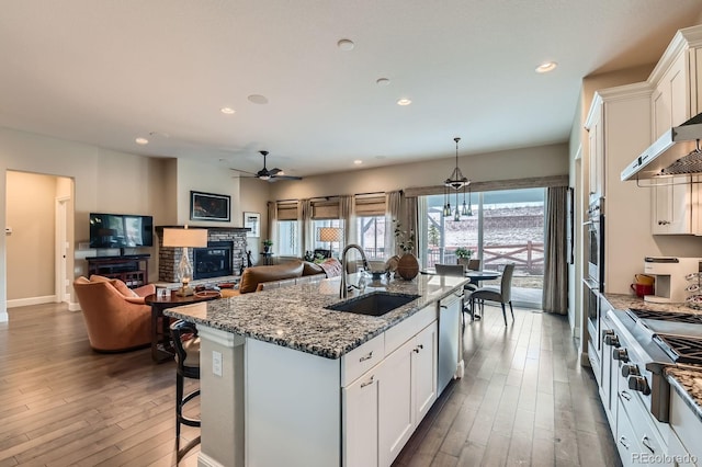 kitchen featuring appliances with stainless steel finishes, a fireplace, a sink, and white cabinetry