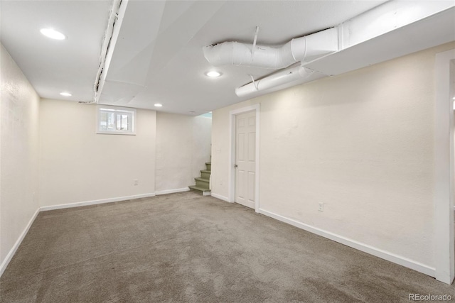 3332 N Vine St, Denver, CO 80205 - below grade area with carpet, stairs, baseboards, and recessed lighting
