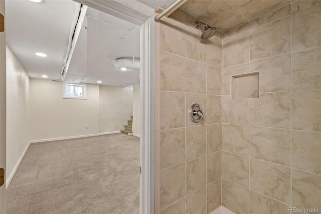 3332 N Vine St, Denver, CO 80205 - full bath featuring tiled shower, recessed lighting, and baseboards