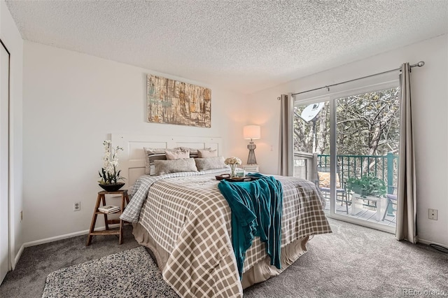 bedroom with access to outside, carpet, a textured ceiling, and baseboards