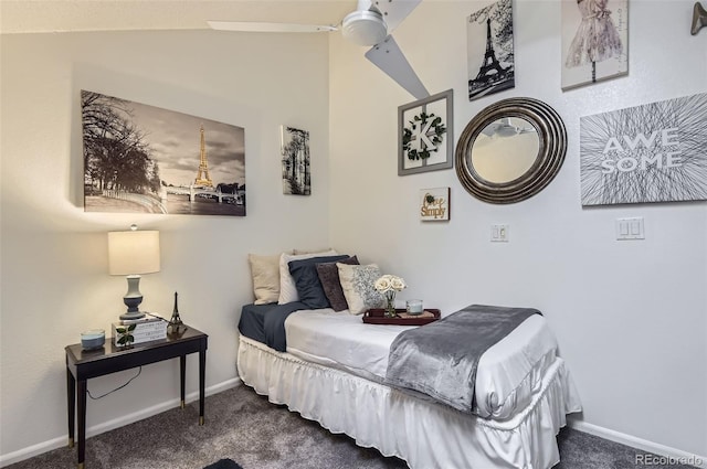bedroom with carpet floors, baseboards, and ceiling fan