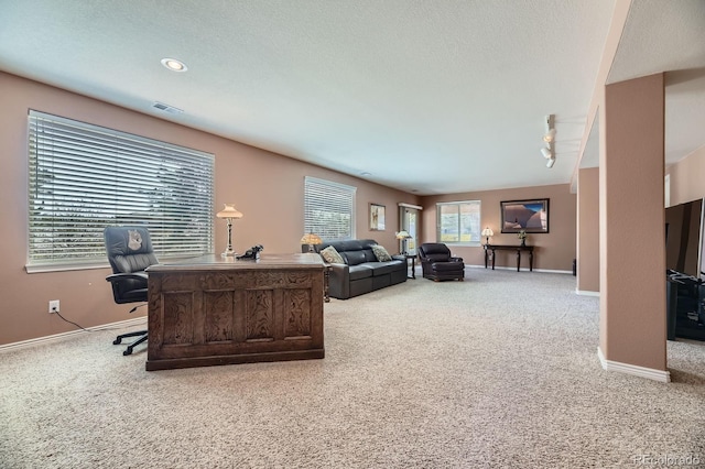 carpeted living room with visible vents, baseboards, and a textured ceiling