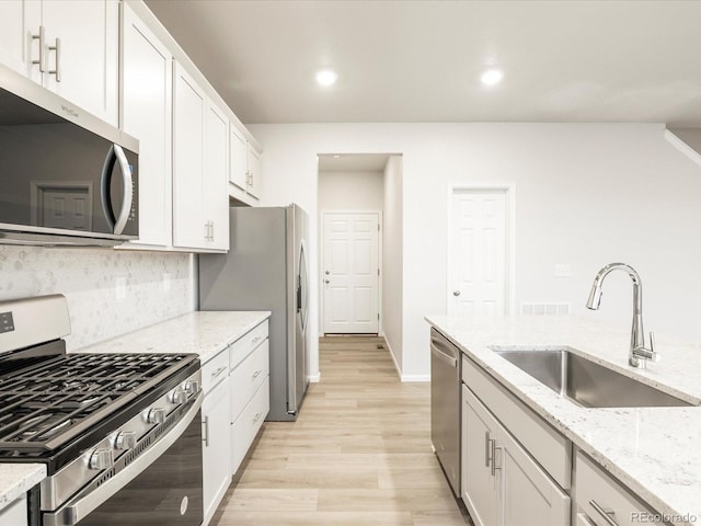 kitchen with appliances with stainless steel finishes, sink, white cabinets, decorative backsplash, and light stone countertops