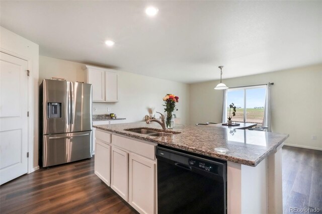47312 Lilac Ave, Bennett, CO 80102 - kitchen featuring stainless steel fridge, dishwasher, dark wood-style flooring, light stone countertops, and recessed lighting