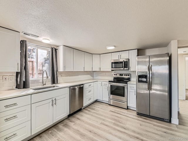 kitchen with sink, appliances with stainless steel finishes, white cabinets, and decorative backsplash