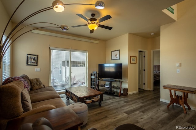 10473 Table Rock Ct Unit E, Poncha Springs, CO 81242 - living room featuring ceiling fan, wood finished floors, and baseboards