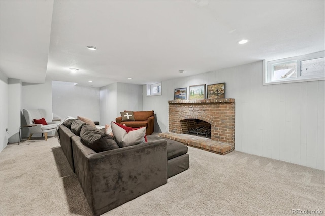 629 Bellaire St, Denver, CO 80220 - living room featuring carpet flooring, a fireplace, and recessed lighting