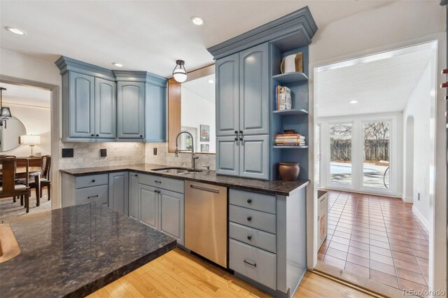 629 Bellaire St, Denver, CO 80220 - kitchen featuring stainless steel dishwasher, decorative backsplash, open shelves, dark stone counters, and recessed lighting