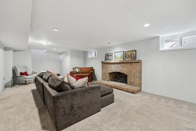 629 Bellaire St, Denver, CO 80220 - living area with carpet floors, a brick fireplace, and recessed lighting