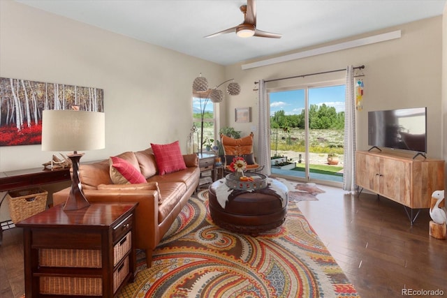 10497 Table Rock Ct, Poncha Springs, CO 81242 - living area with wood-type flooring and a ceiling fan