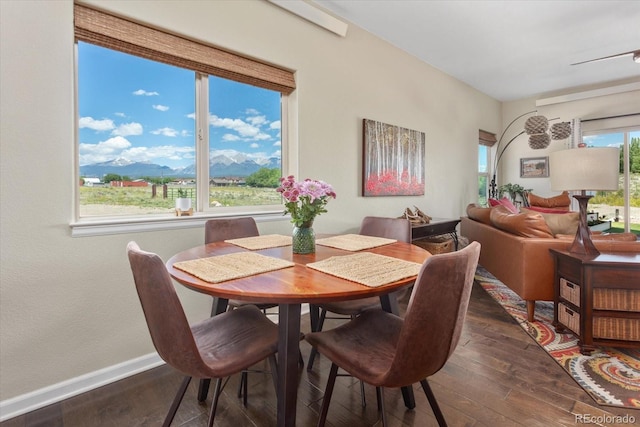 10497 Table Rock Ct, Poncha Springs, CO 81242 - dining space featuring dark wood finished floors and a mountain view