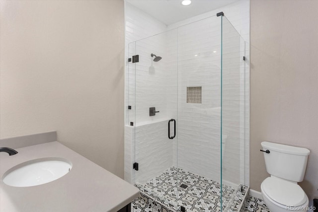 10497 Table Rock Ct, Poncha Springs, CO 81242 - bathroom featuring vanity, a shower stall, and recessed lighting