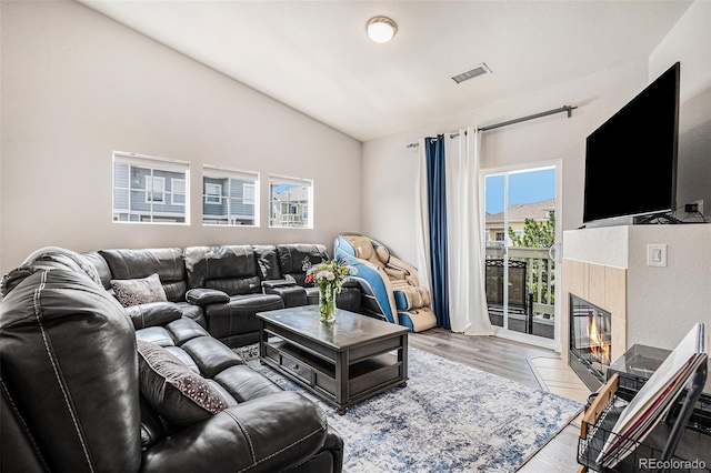 9434 Ashbury Cir Unit 204, Parker, CO 80134 - living room featuring lofted ceiling, wood finished floors, and a fireplace