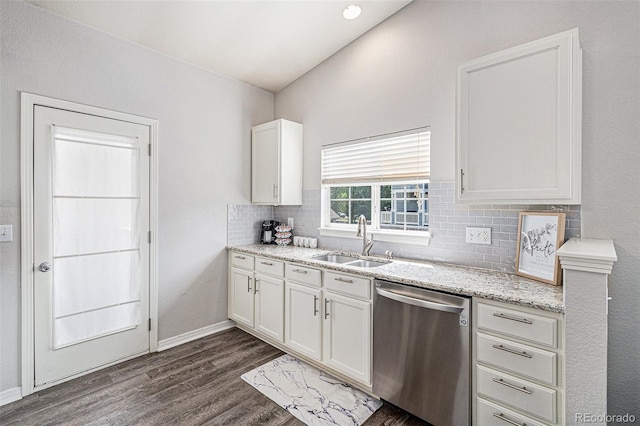 9434 Ashbury Cir Unit 204, Parker, CO 80134 - kitchen with dishwasher, a sink, backsplash, dark wood-type flooring, and white cabinetry