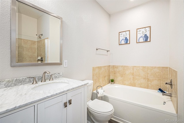 9434 Ashbury Cir Unit 204, Parker, CO 80134 - bathroom with a garden tub, toilet, vanity, and a textured wall