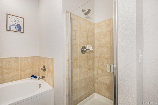9434 Ashbury Cir Unit 204, Parker, CO 80134 - full bathroom featuring a shower stall, a garden tub, and a textured wall