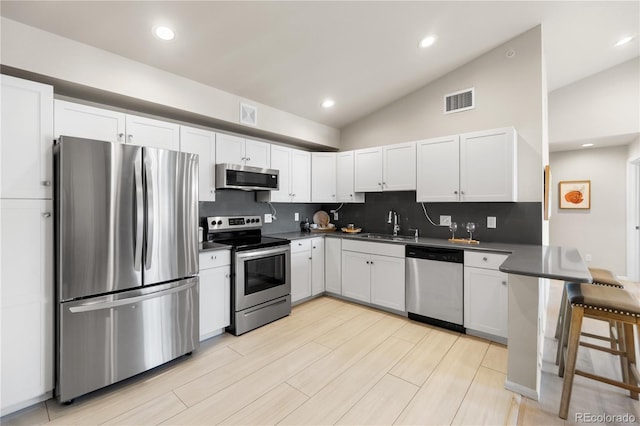 875 E 78th Ave Unit 21, Denver, CO 80229 - kitchen featuring stainless steel appliances, dark countertops, backsplash, lofted ceiling, and a peninsula