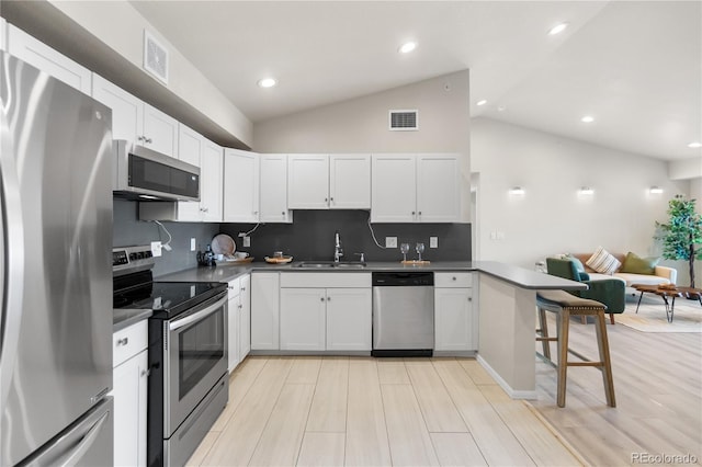 875 E 78th Ave Unit 21, Denver, CO 80229 - kitchen with appliances with stainless steel finishes, dark countertops, a peninsula, backsplash, and a sink