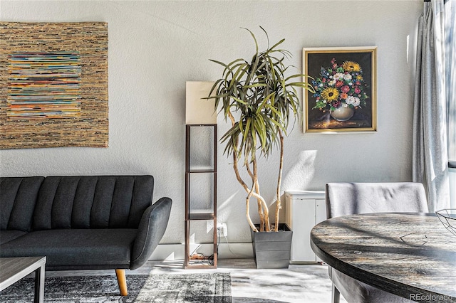 living room featuring a textured wall and wood finished floors