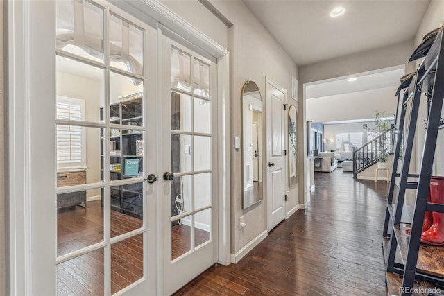 doorway featuring french doors, dark wood-style flooring, recessed lighting, stairway, and baseboards