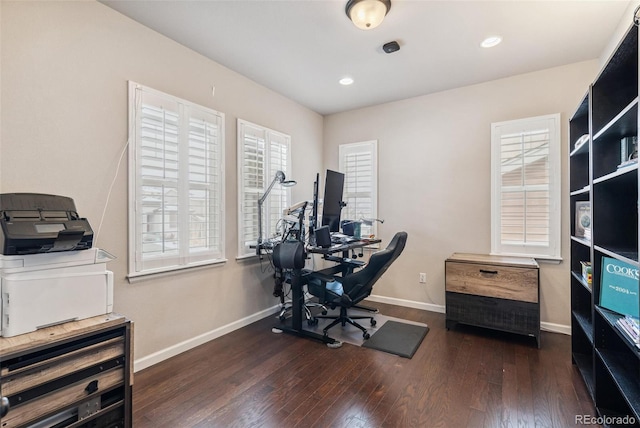 home office with recessed lighting, baseboards, and wood finished floors