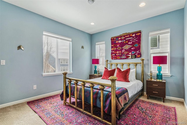 bedroom with carpet, baseboards, and recessed lighting