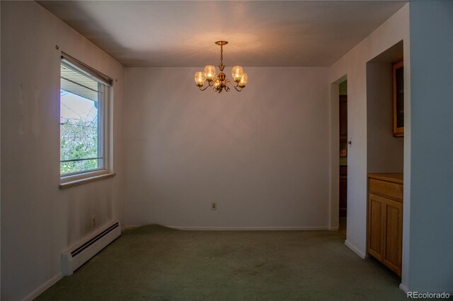 962 S Beech St, Lakewood, CO 80228 - empty room with baseboard heating, a chandelier, light carpet, and baseboards