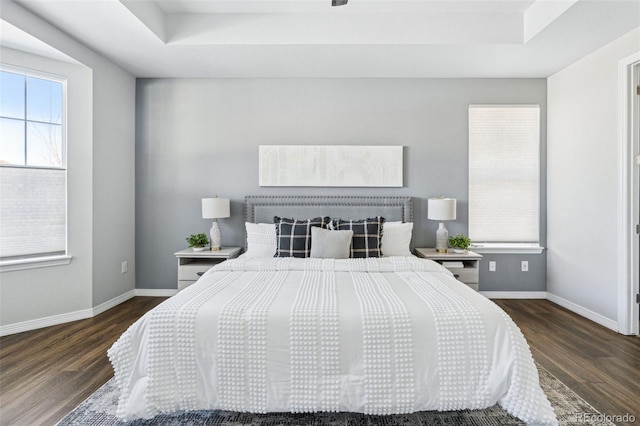 bedroom featuring a tray ceiling, wood finished floors, and baseboards