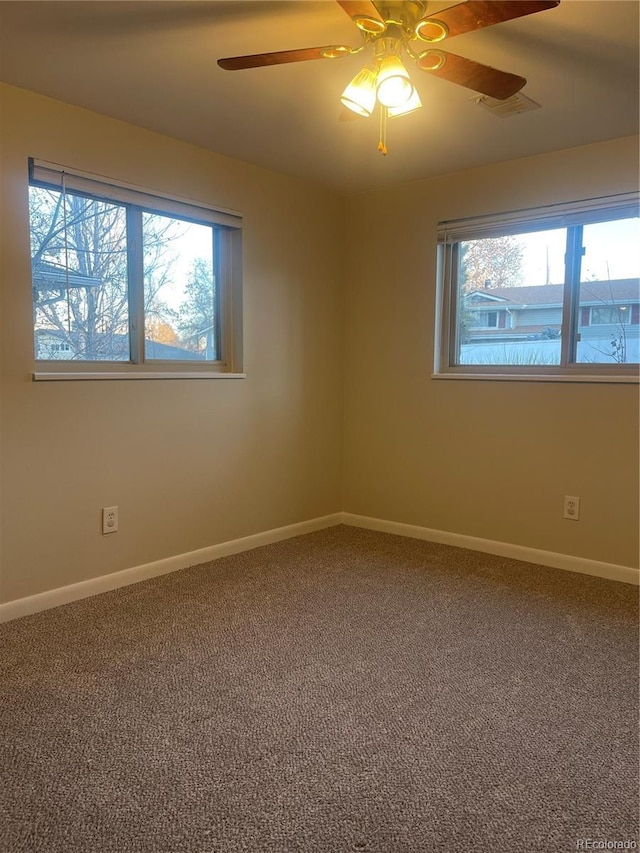 unfurnished room featuring a wealth of natural light, ceiling fan, and carpet