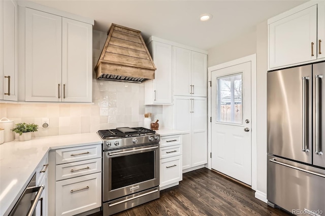 kitchen with premium range hood, dark wood finished floors, stainless steel appliances, decorative backsplash, and light countertops