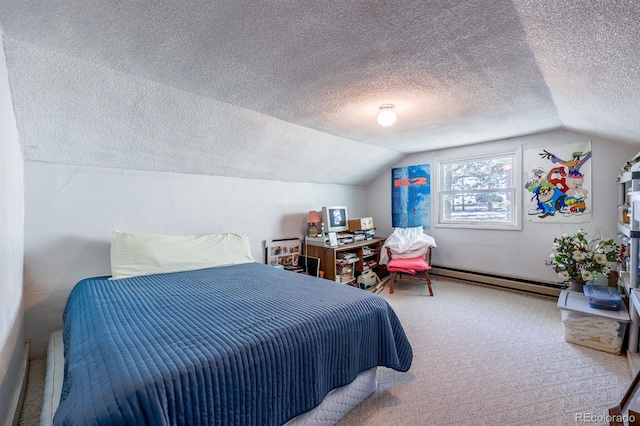 carpeted bedroom featuring vaulted ceiling, a baseboard radiator, and a textured ceiling