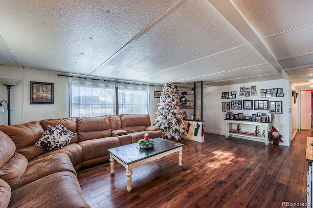 living room with a textured ceiling and dark hardwood / wood-style floors