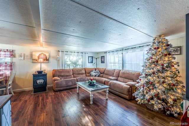 living room with a textured ceiling, dark hardwood / wood-style flooring, and a wood stove