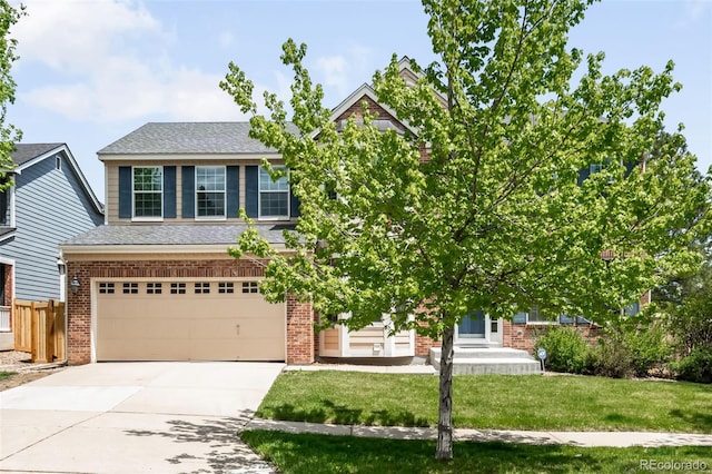 view of front of home with concrete driveway, brick siding, a garage, and a shingled roof