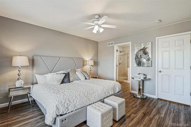 bedroom with dark hardwood / wood-style flooring, ceiling fan, and ensuite bathroom