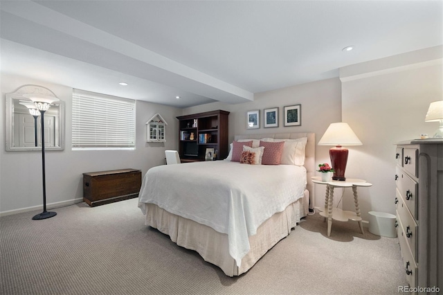 bedroom with carpet, baseboards, and recessed lighting