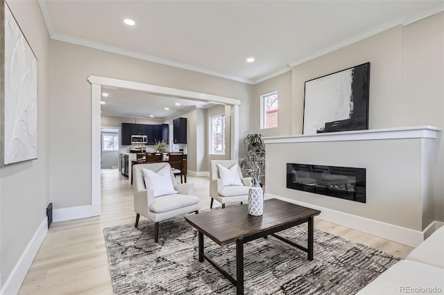 living room with ornamental molding and wood-type flooring