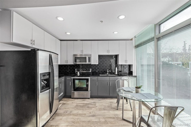 1700 Bassett St Unit 820, Denver, CO 80202 - kitchen featuring appliances with stainless steel finishes, dark countertops, light wood-style flooring, decorative backsplash, and white cabinetry