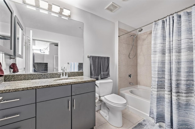1700 Bassett St Unit 820, Denver, CO 80202 - bathroom featuring toilet, shower / bathtub combination with curtain, vanity, and tile patterned floors